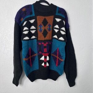 Vintage Forum Geometric Colorblock Chunky Knit Sweater Mens Medium Black Teal